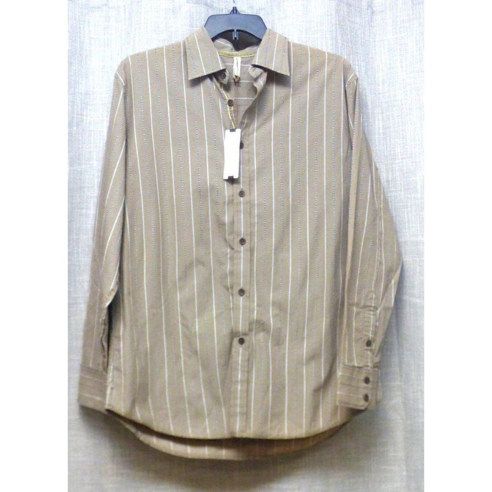 Transcript Men’s Striped Exposed Seam Casual Button Down Shirt, L, Taupe